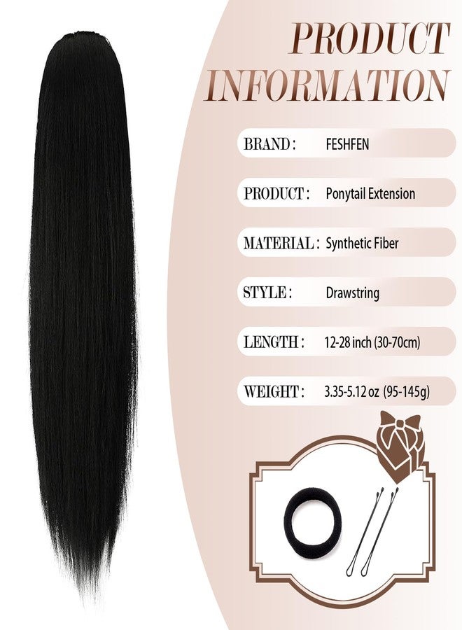 فيشبن وصلات شعر فيشفن على شكل ذيل حصان مستقيم طويل برباط، شعر صناعي طبيعي، وصلات شعر بمشابك للنساء، لون أسود طبيعي، 20 بوصة - Image 5